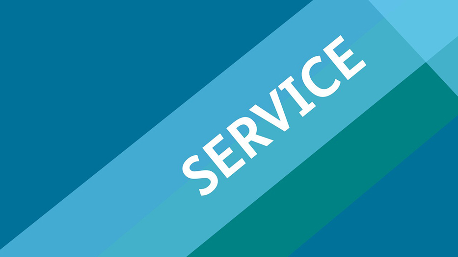 In einer Farbkachel mit den Farben petrol, türkis, hellblau steht das Wort Service in Großbuchstaben
