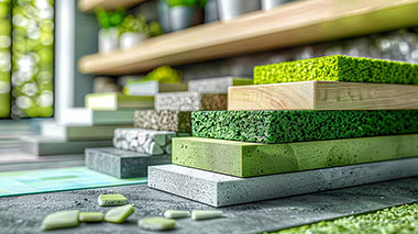 Nachhaltige Baumaterialien aus Holz und anderen Stoffen sind gestapelt. Teilweise haben die Baustofffe eine grüne Färbung (Bild ist mit KI-Unterstützung generiert)