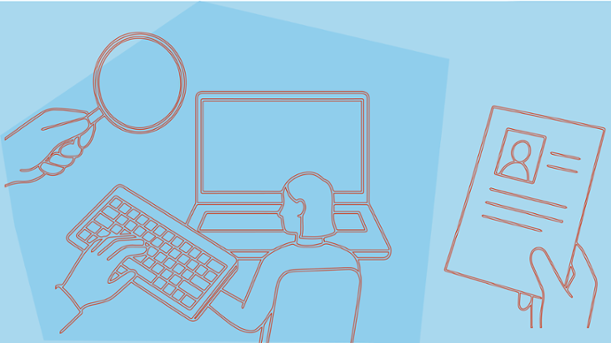 Grafik einer Person am PC, einer Lupe und eines Lebenslaufs.