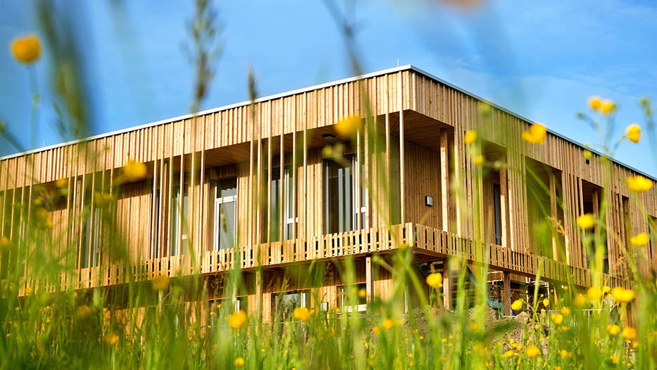 Ein Holzhaus mit naturbelassenem Holz wurde von  unten durch eine Blumenwiese fotografiert. Im Hintergrund ist blauer Himmel.
