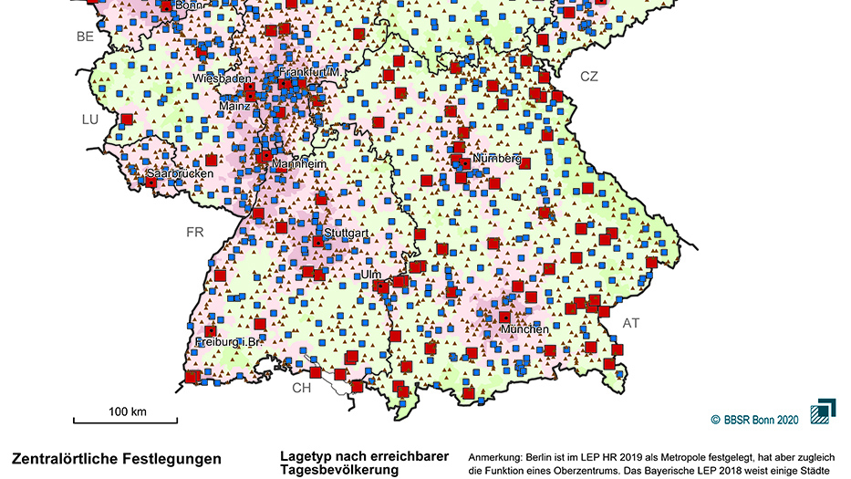 Süddeutscher Bereich einer Deutschlandkarte mit der Darstellung der zentralen Orte