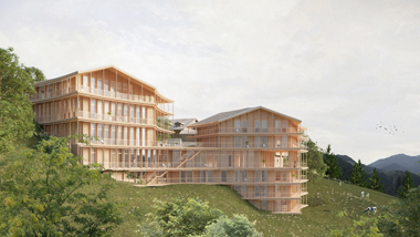 In eine hügelige Wiese ist virtuell ein Baukomplex aus Holz eingefügt worden. Der wirkt architektonisch modern, ist jedoch dem typischen Baustil der Alpen angepasst.