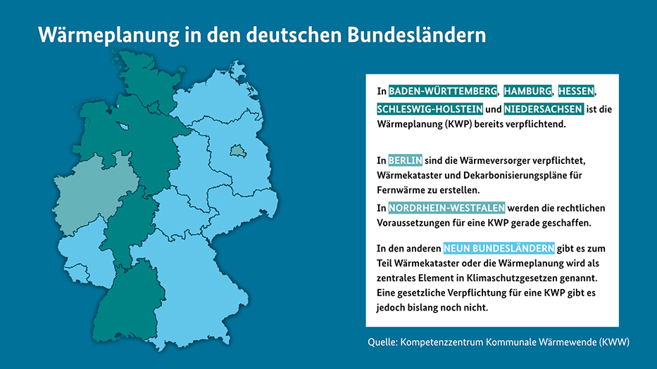 Deutschlandkarte auf dem der aktuelle Stand der Wärmeplanung in den einzelnen Bundesländern erläutert und dargestellt wird.