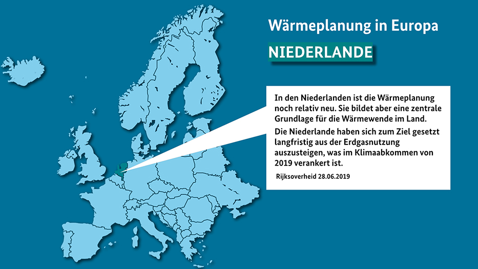 In einem blauen Kasten ist eine Karte von Europa abgebildet. Neben dieser wird der aktuelle Stand zur Wärmeplanung in den Niederlanden erläutert.